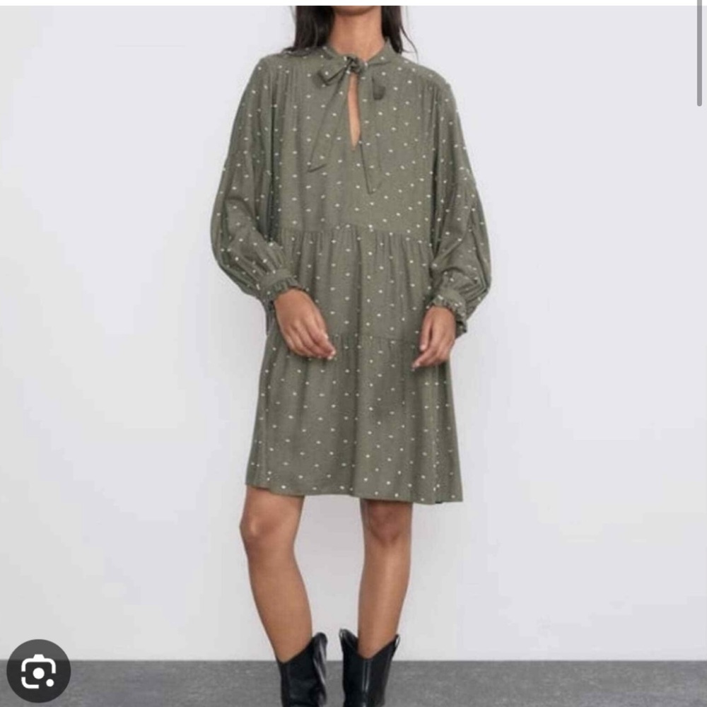 Zara Dress | Olive Green Long Sleeve Babydoll Tiered Bow Mini Dress | Christmas